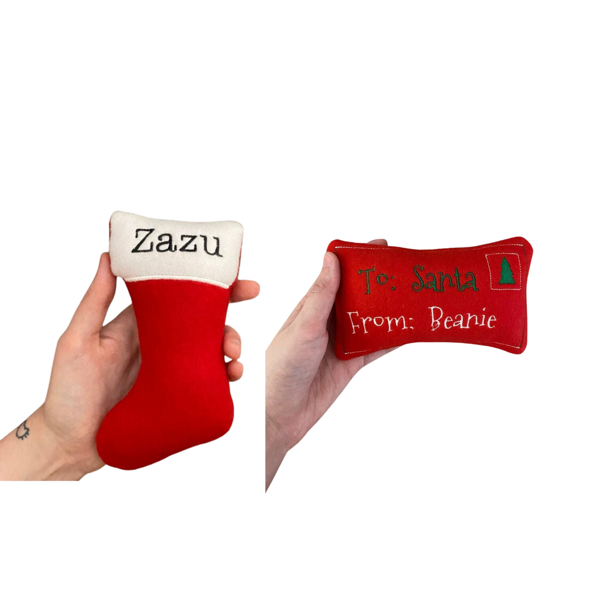 Christmas Dog Toy Pack - Personalized Custom Squeaky Toy Dog Toys Small- Stocking: 6.25 x 3.25 in & Letter: 6.5 x 4 in Red Fabric 