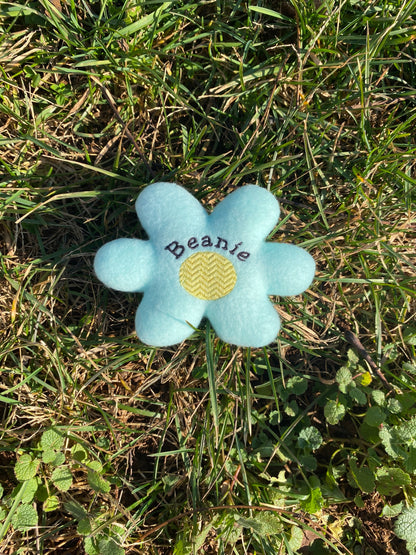 Retro Daisy Custom Dog Toy- Personalized Squeaky Flower Toy Dog Toys Name Blue 