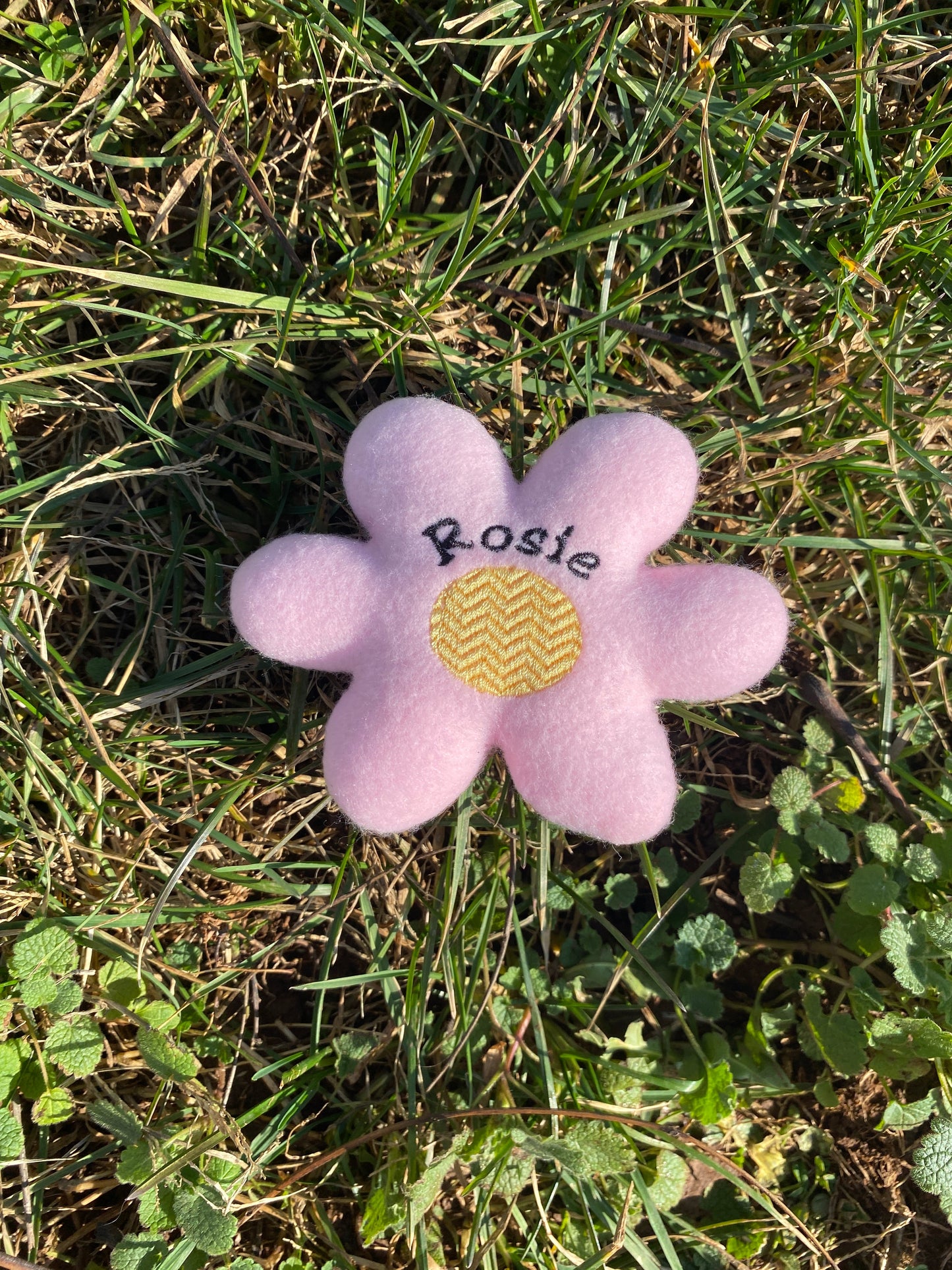 Retro Daisy Custom Dog Toy- Personalized Squeaky Flower Toy Dog Toys Name Pink 